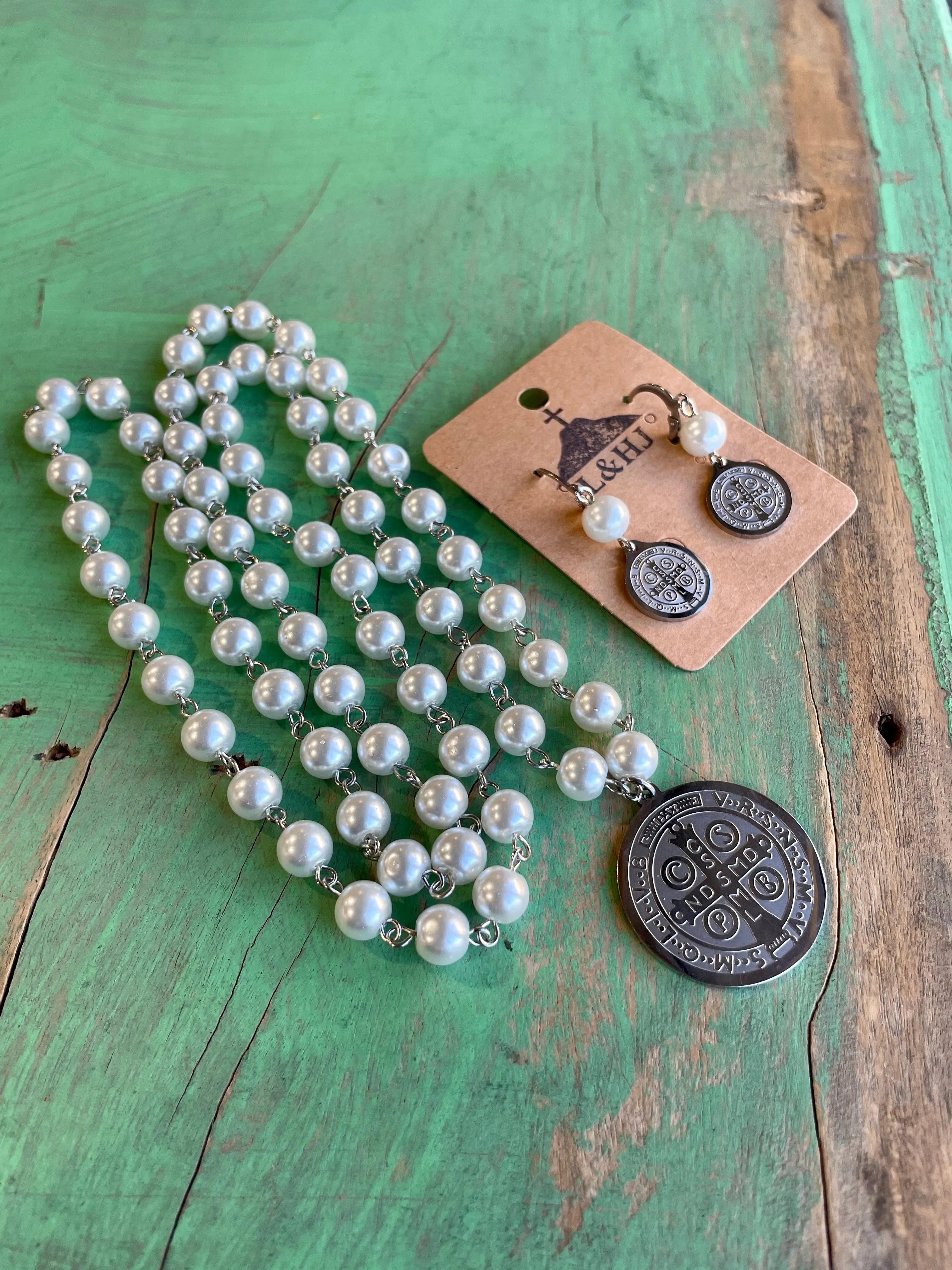 Long Pearl St Benedict Necklace and Earrings