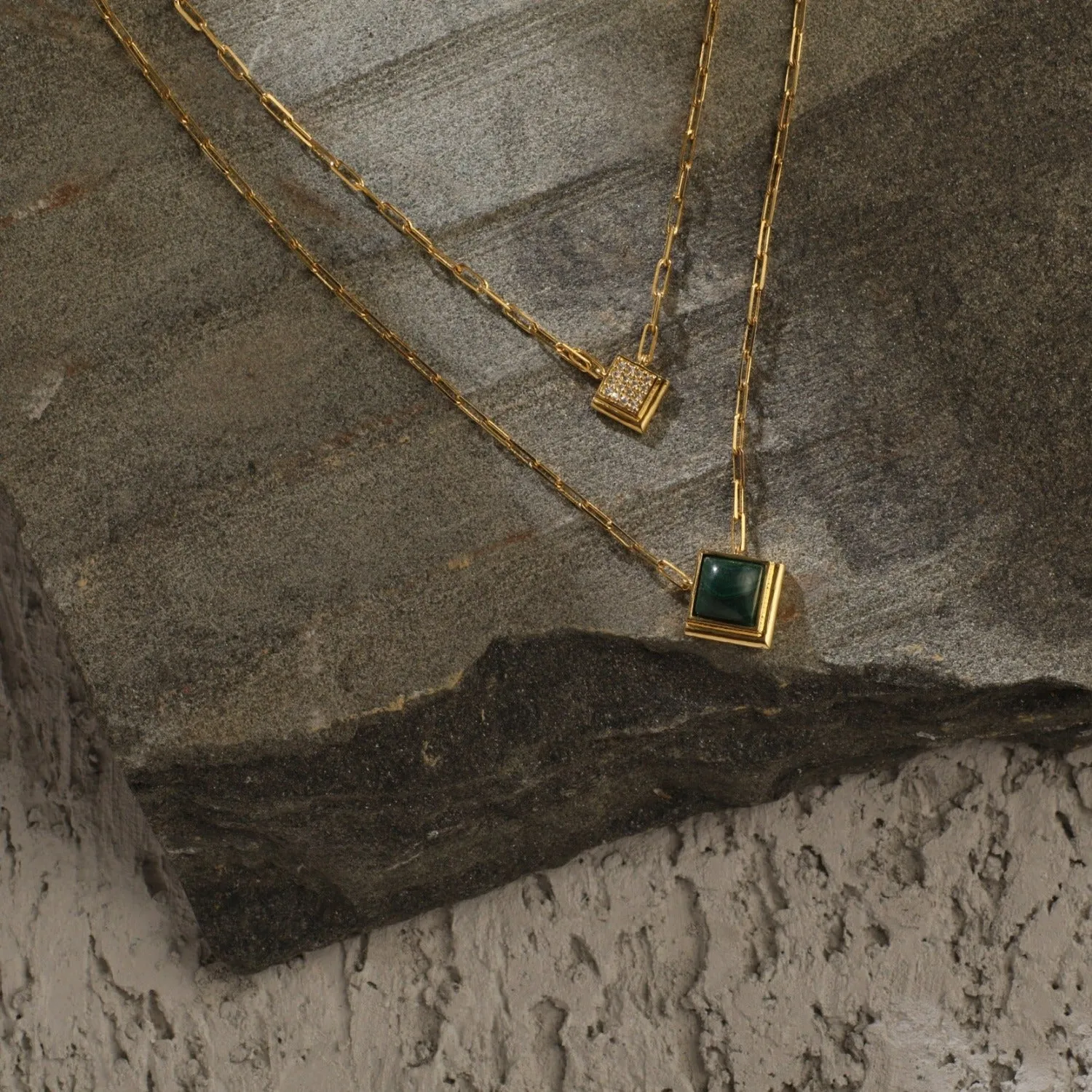 Malachite Duo Layer Square Charm Silver Necklace