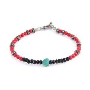 Mens Coral Semi Precious Stone and Small Black Faceted Bead and Turquoise Accent Toggle Bracelet