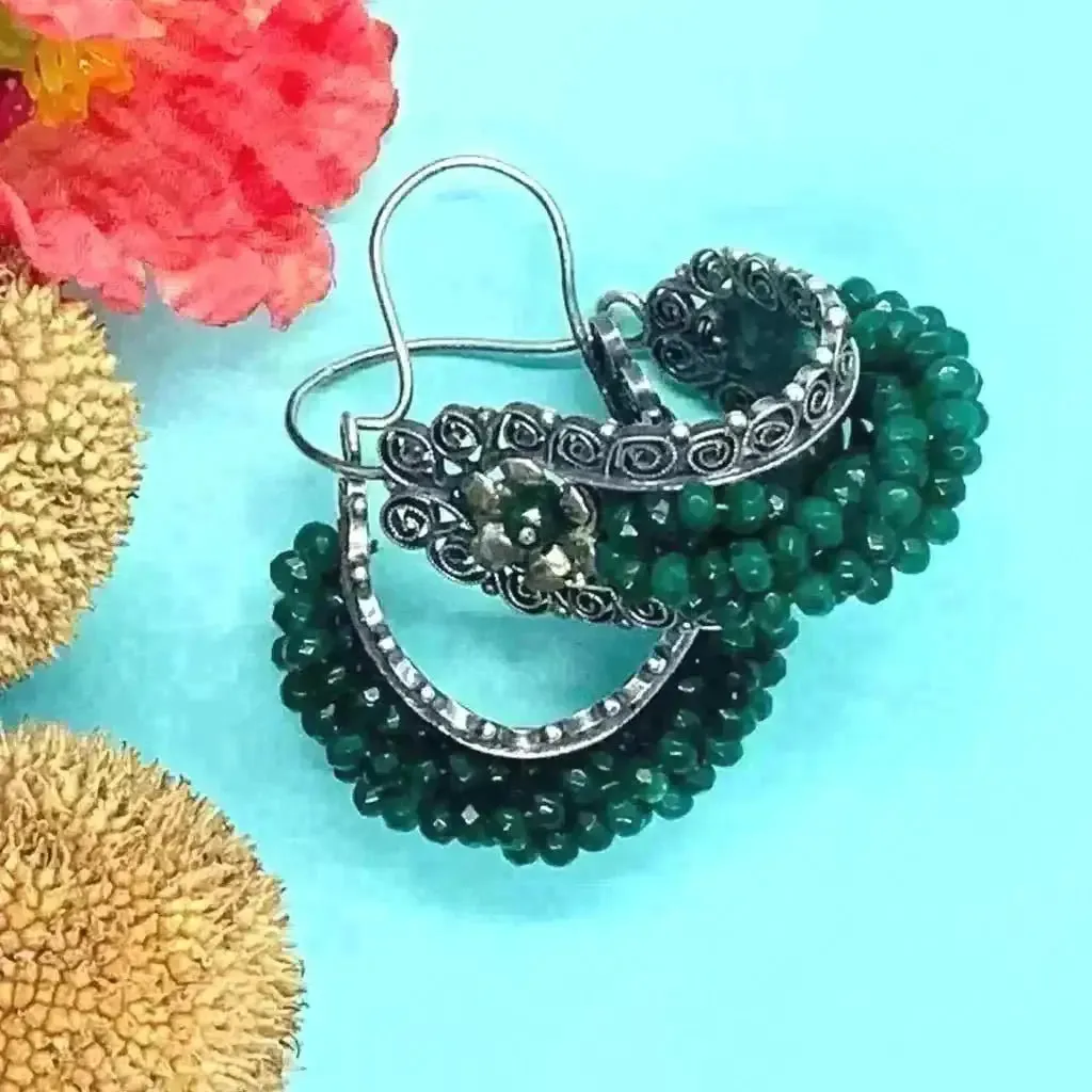 Mexican Oaxacan Gusano silver filigree hoop earrings, green agate-large