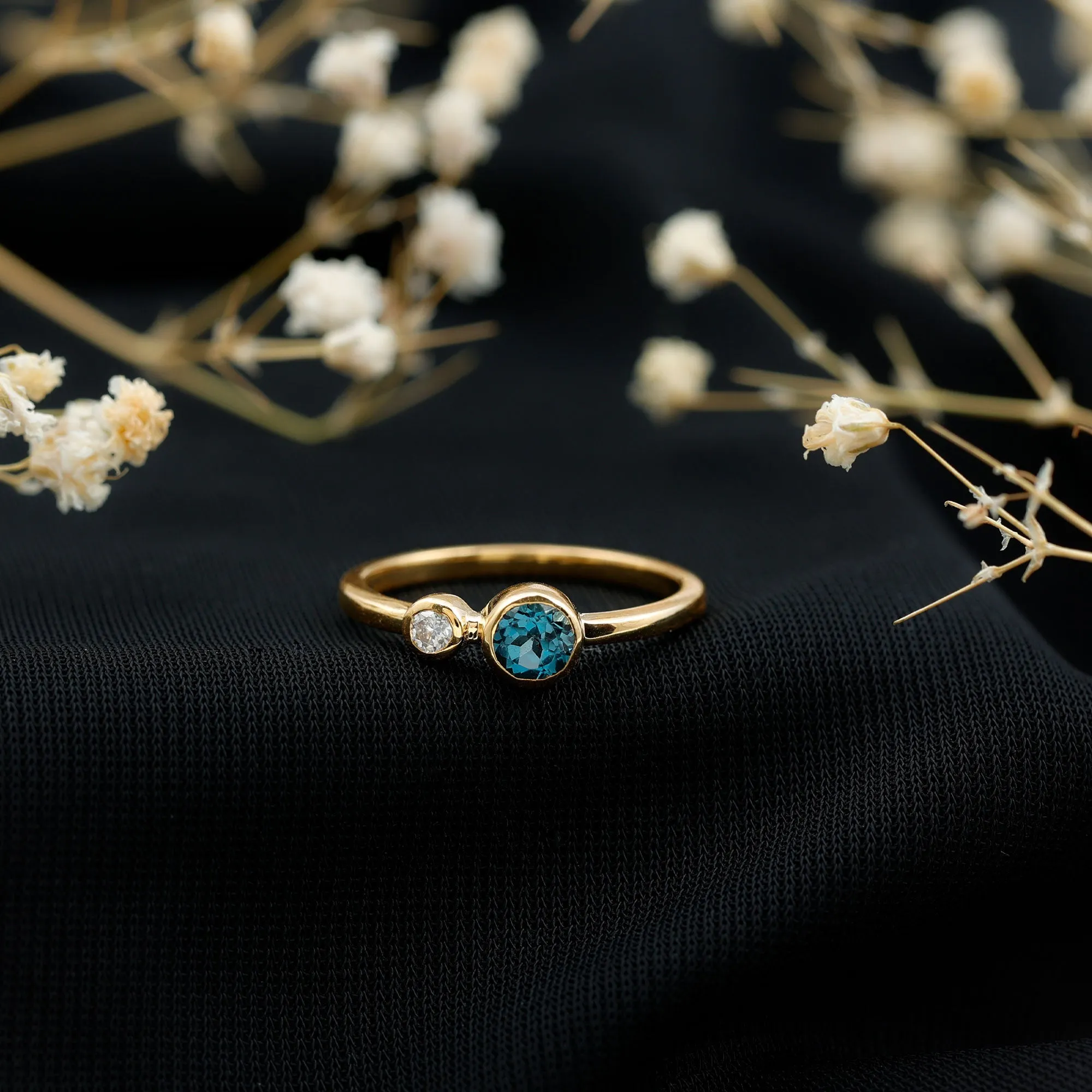 Moi et Toi London Blue Topaz and Moissanite Two Stone Minimal Ring