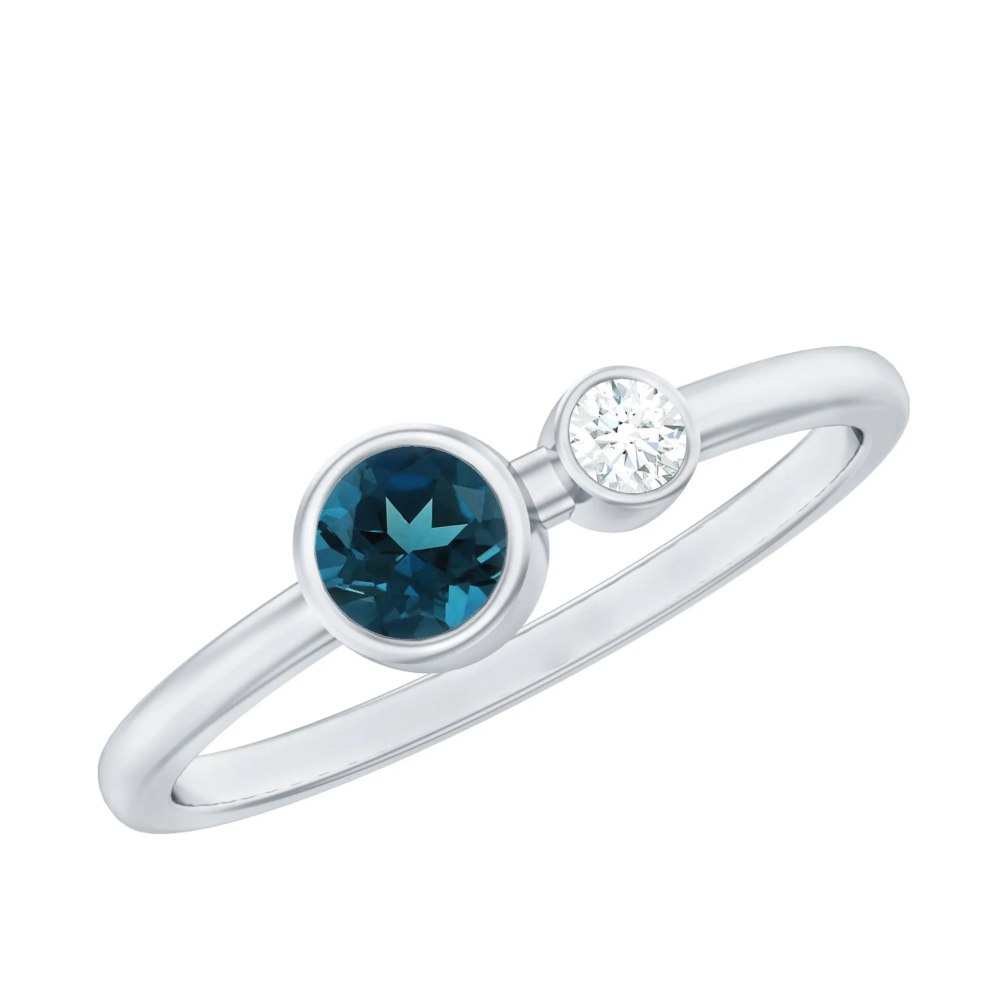 Moi et Toi London Blue Topaz and Moissanite Two Stone Minimal Ring