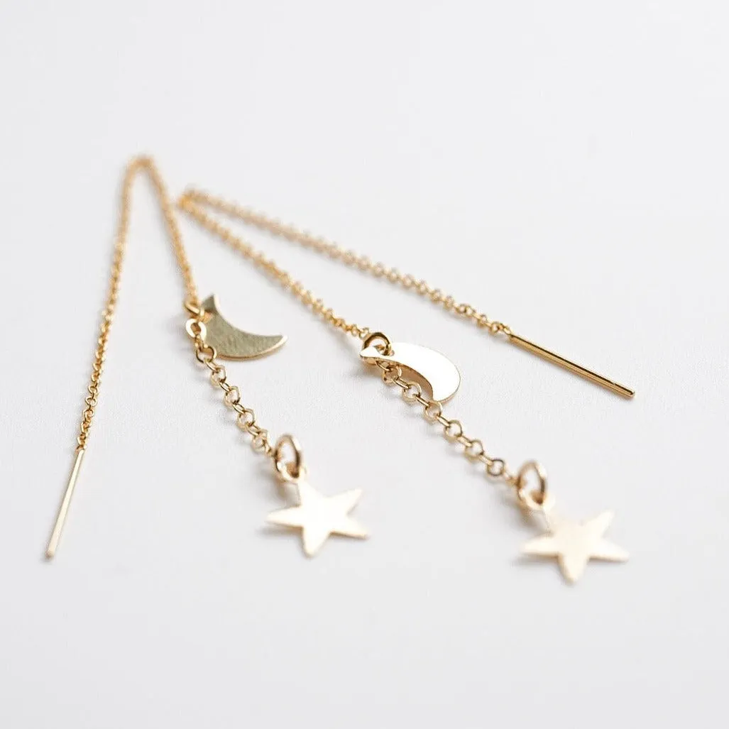 Moon and Star Celestial Drop Threader Earrings - Choose Your Metal