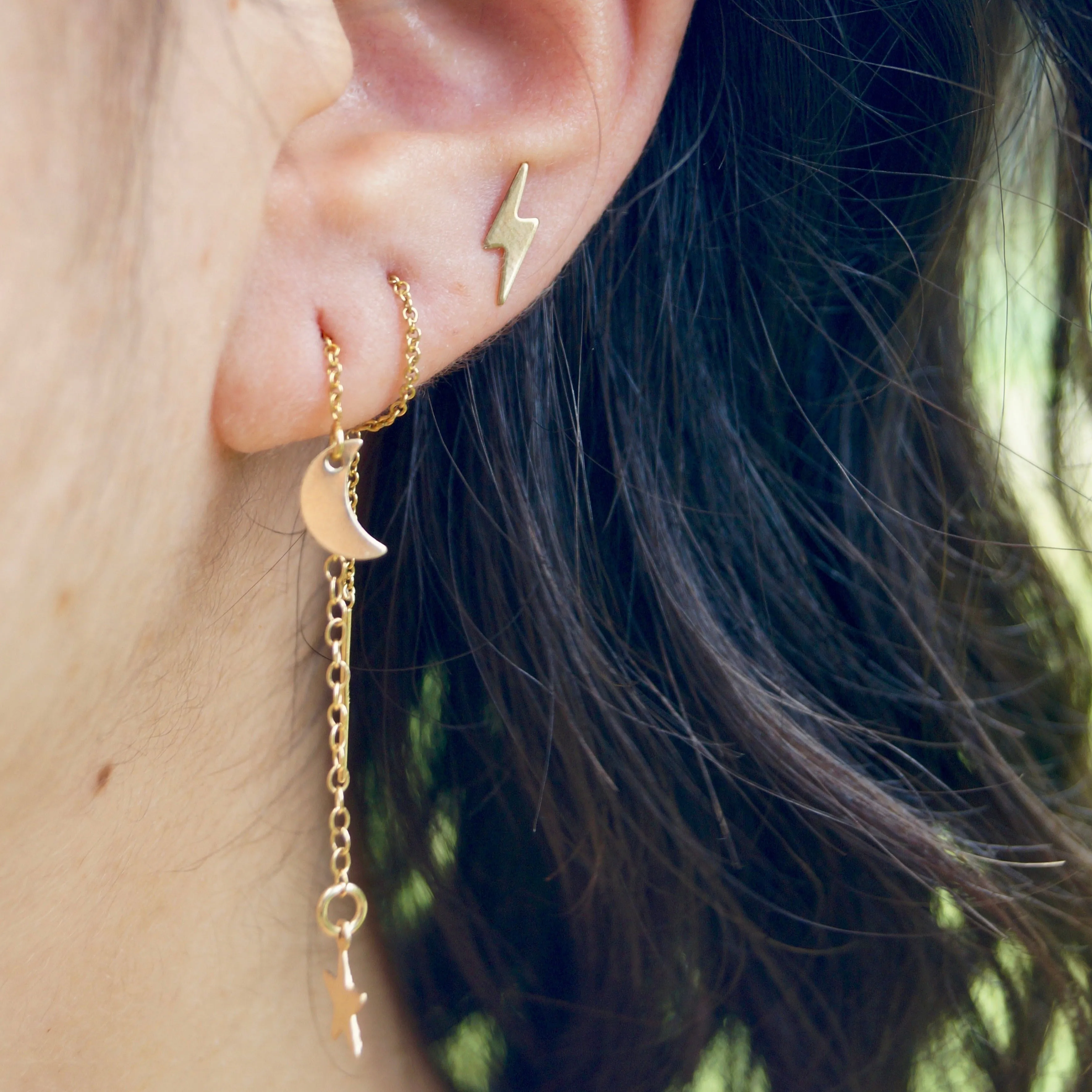 Moon and Star Celestial Drop Threader Earrings - Choose Your Metal