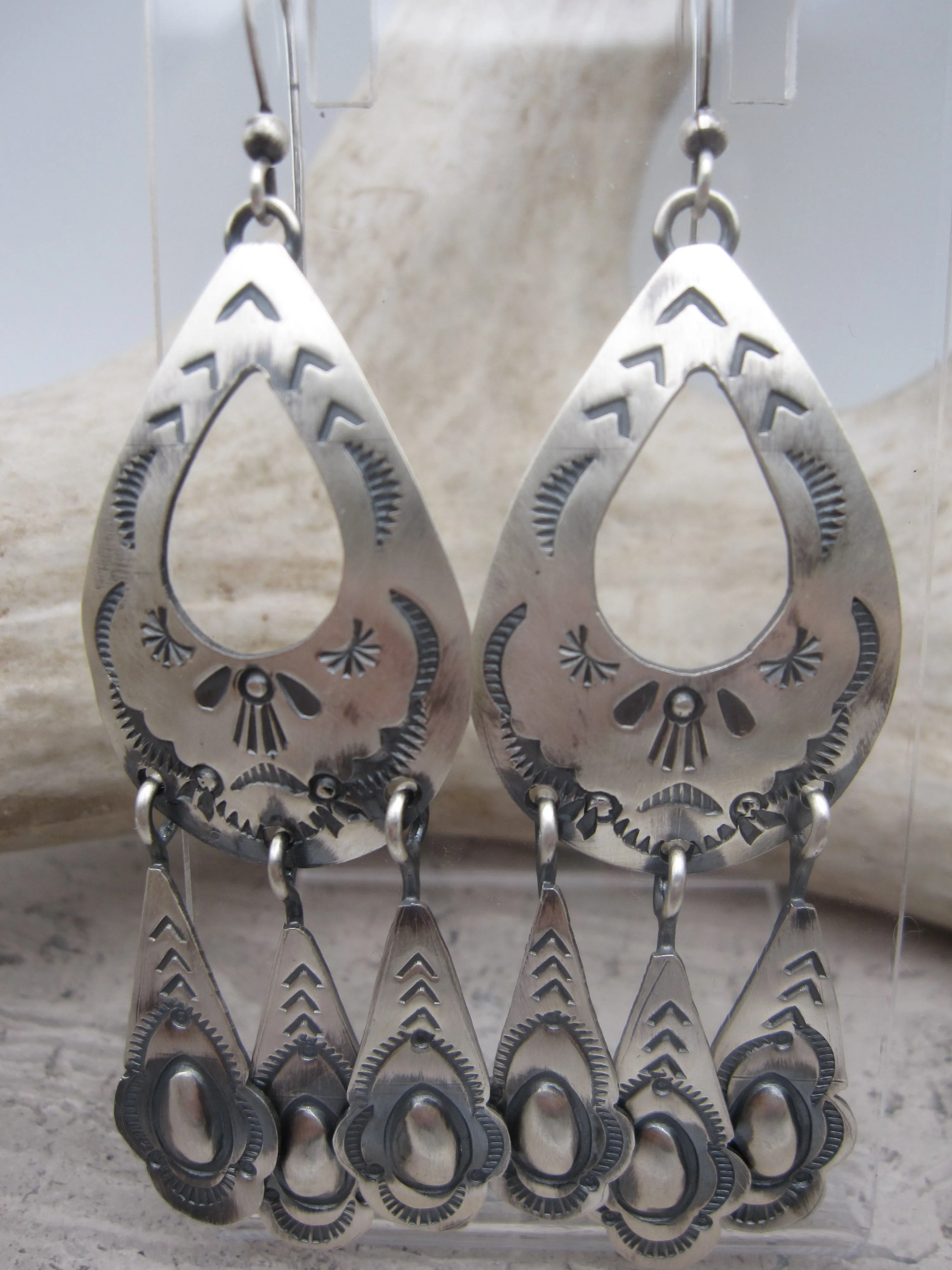 Native American Made Hand Stamped Sterling Silver Dangle Earrings with Repousse or Bump Out Details