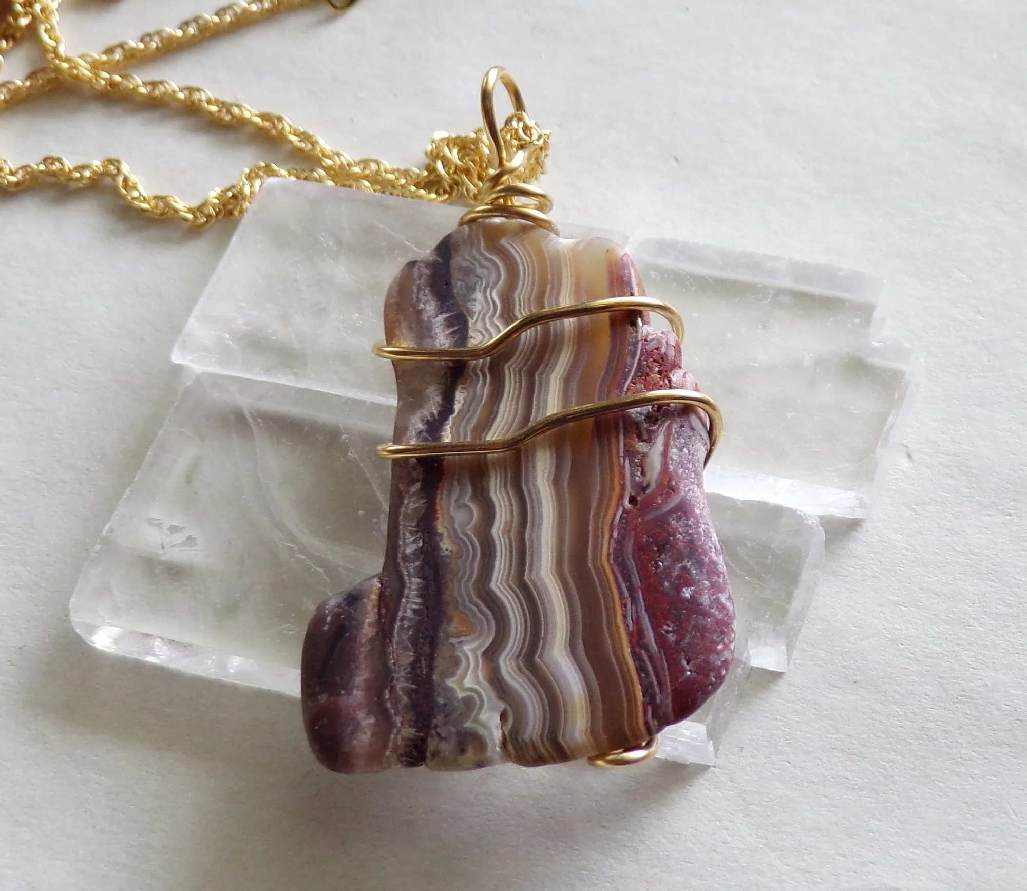 Natural Crazy Lace Agate Wire Wrapped Stone Pendant Necklace