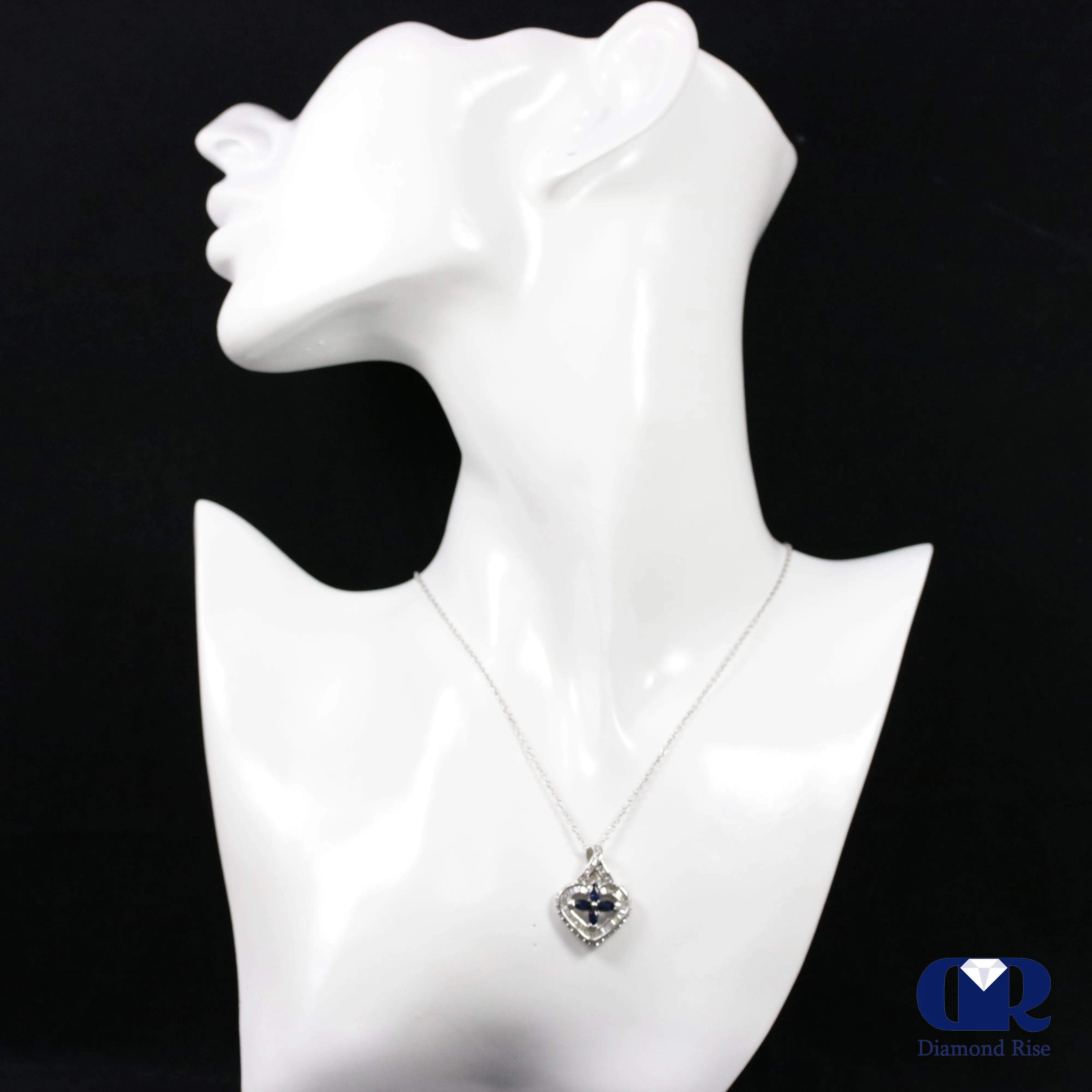 Natural Sapphire & Diamond Pendant Necklace In 14K White Gold