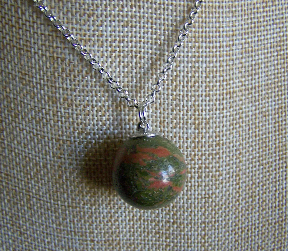 Natural Unakite Pink and Green Gemstone Crystal Ball Pendant