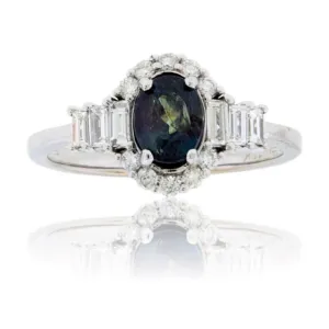 Oval Alexandrite & Diamond Burst with Baguette Halo Style Ring