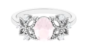 Oval Cut Rose Quartz Beaded Flower Engagement Ring with Diamond