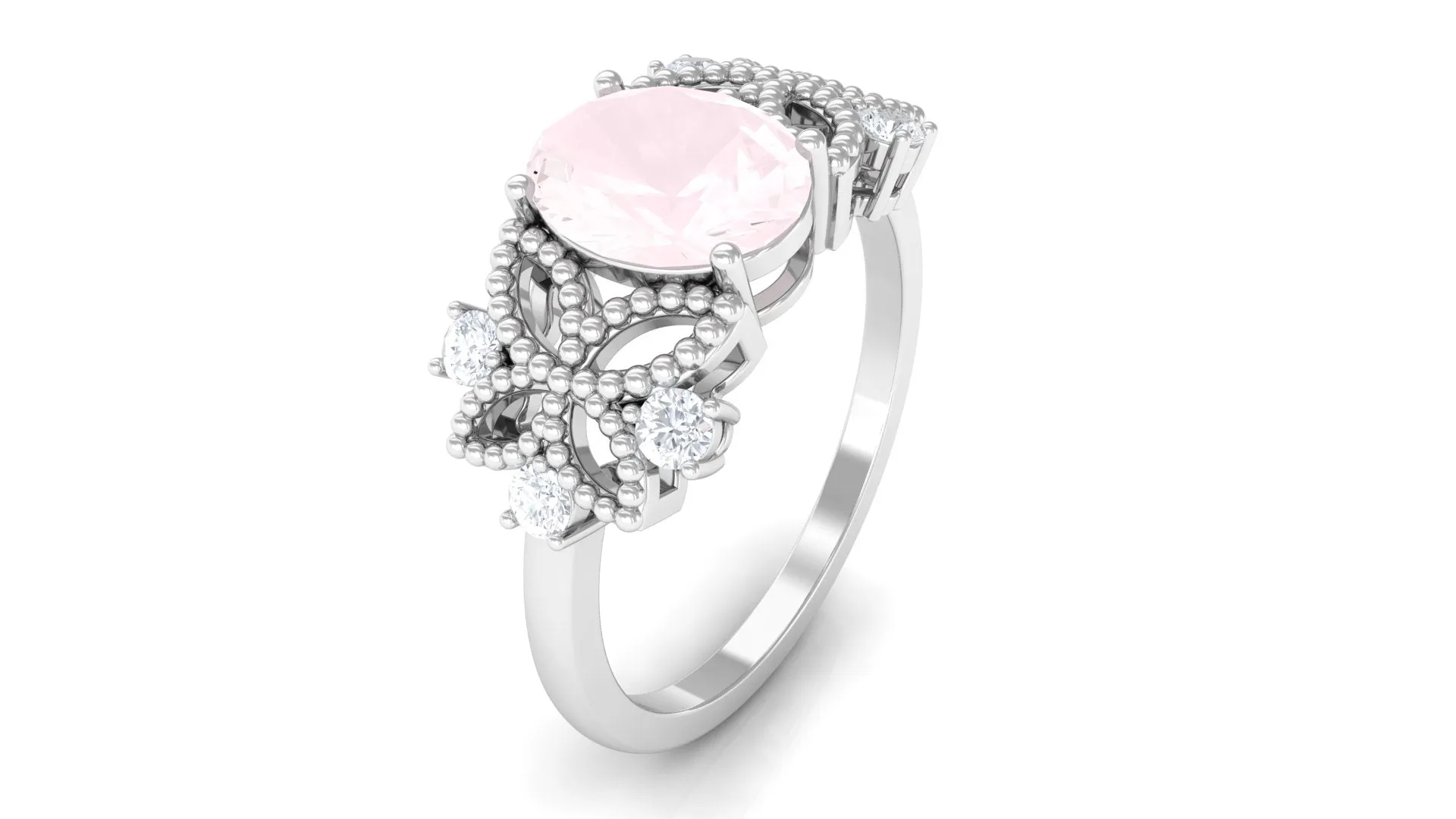 Oval Cut Rose Quartz Beaded Flower Engagement Ring with Diamond