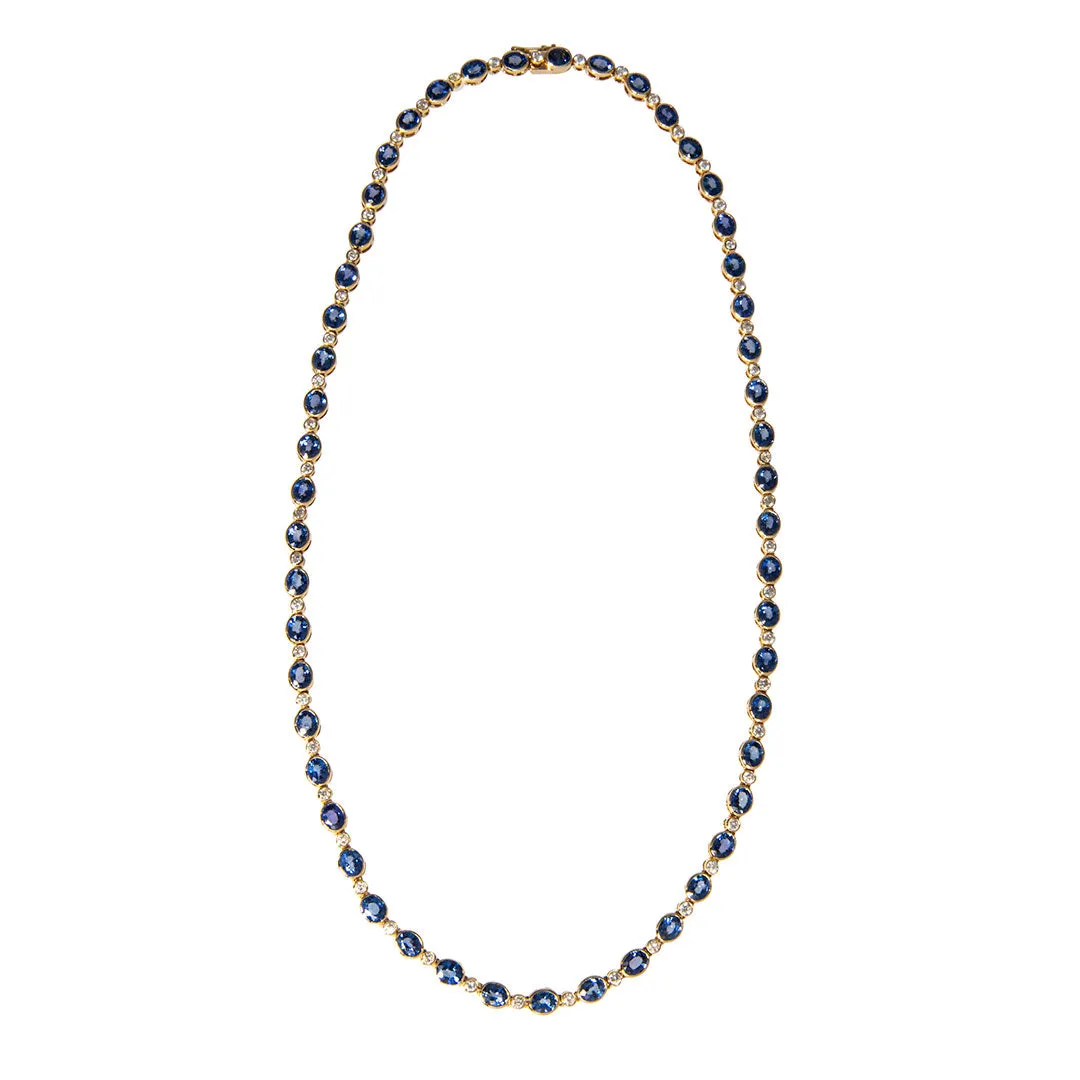 Oval Sapphire & Diamond Bezel 14K Gold Tennis Necklace