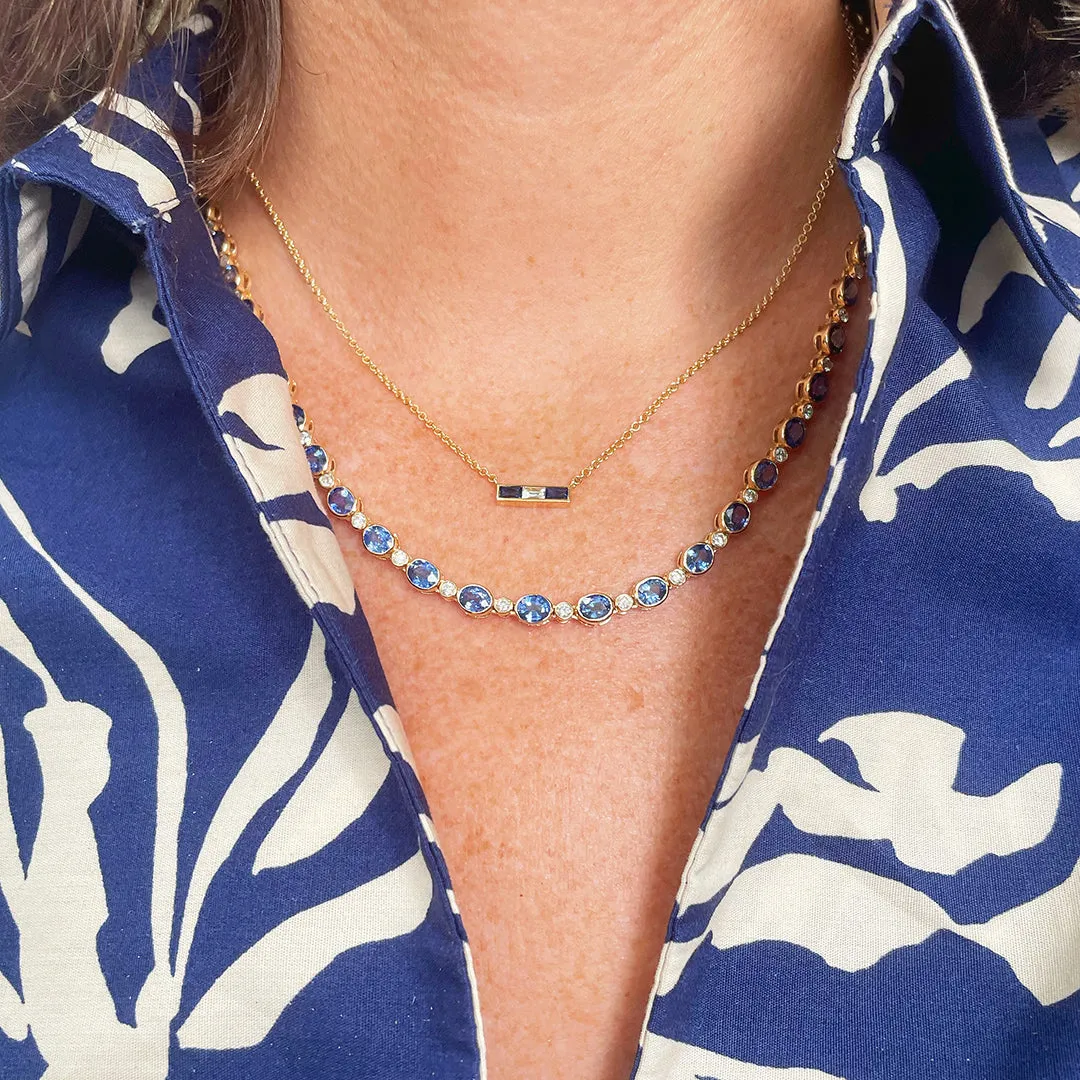 Oval Sapphire & Diamond Bezel 14K Gold Tennis Necklace