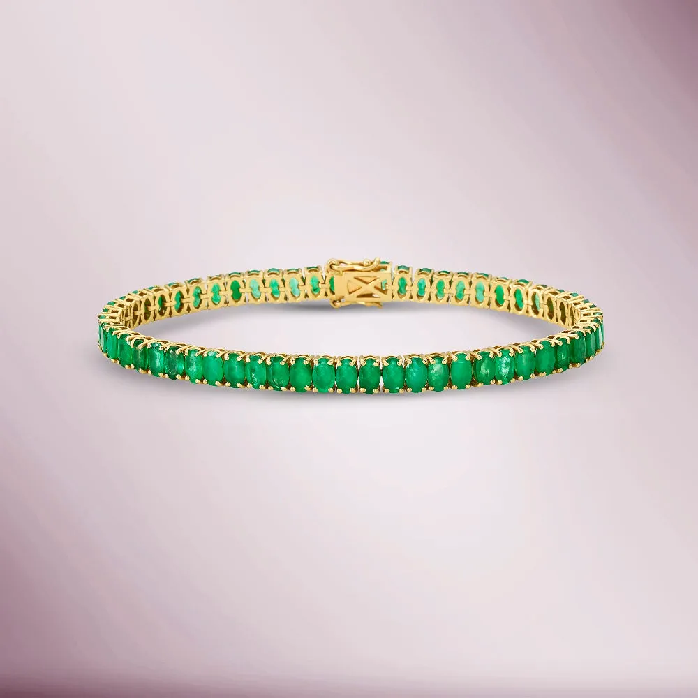 Oval Shape Emerald Tennis Bracelet (12.90 ct.) 4-Prongs Setting in 14K Gold