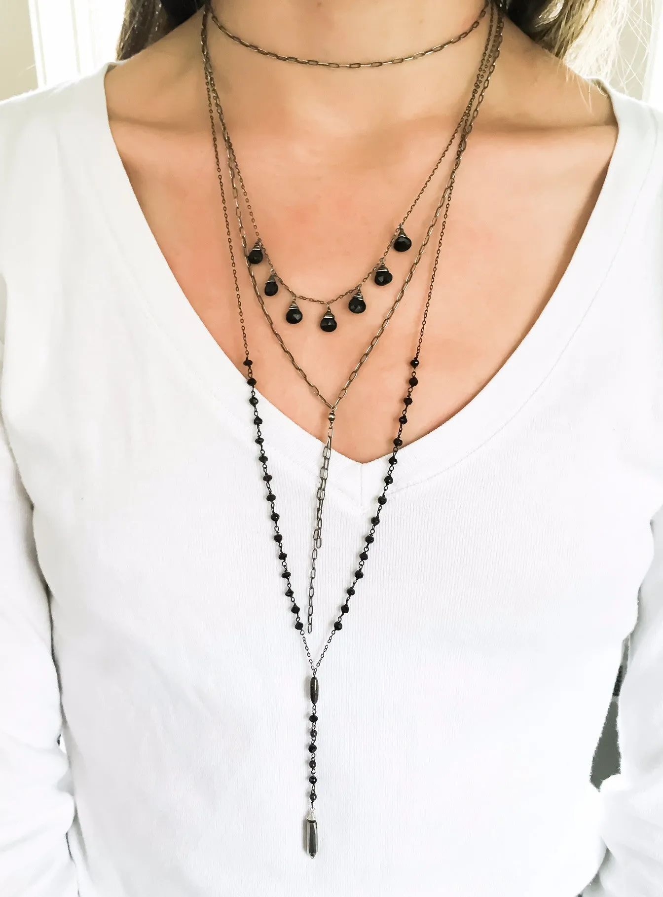 Oxidized Multi Gemstone Necklace - Black Spinel