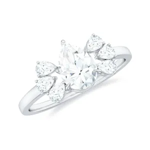 Pear Cut Moissanite Solitaire Engagement Ring with Trio