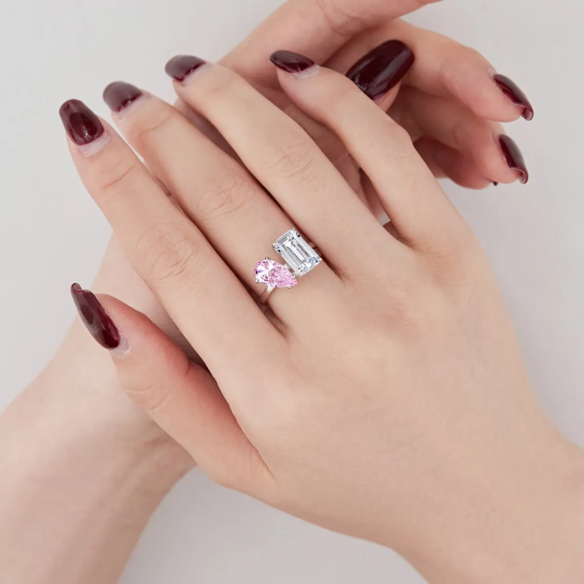 Pink Pear Cut & Emerald Cut Toi Et Moi Engagement Ring