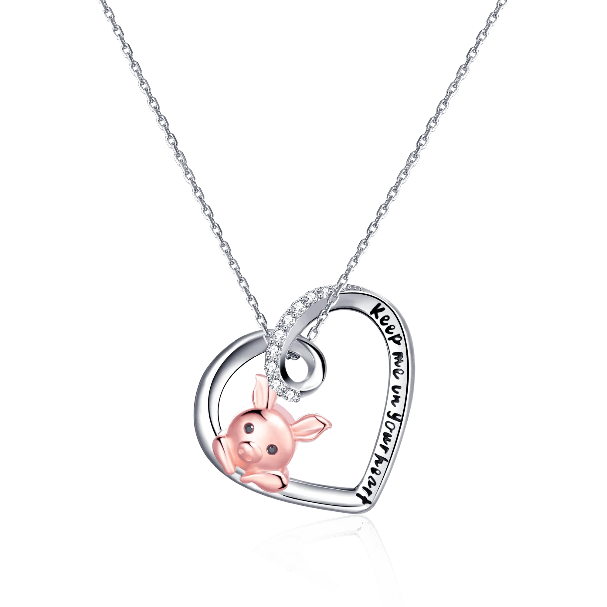 Pink Pig In Heart Necklace-Keep me in your heart Moissanite, Special Plating!