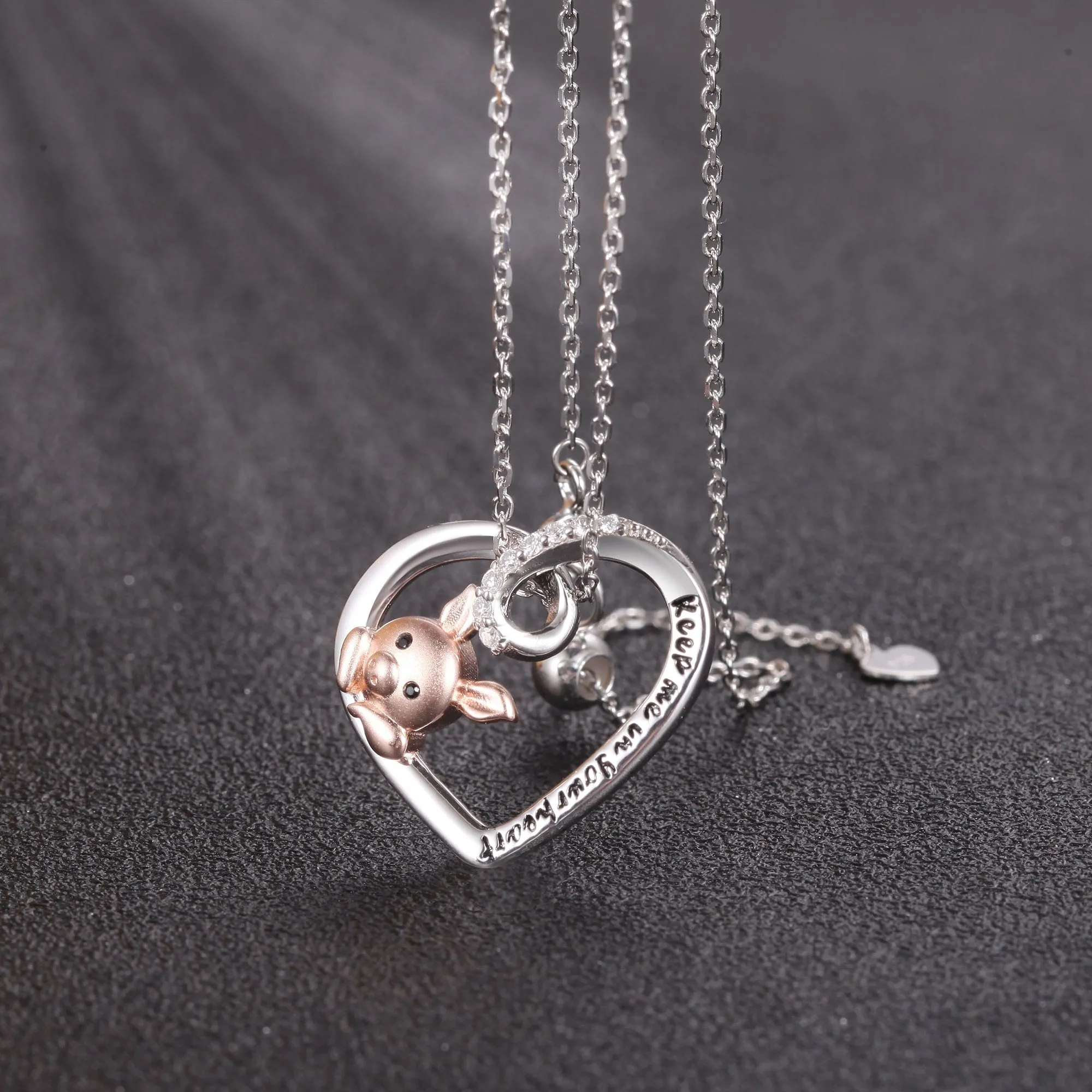 Pink Pig In Heart Necklace-Keep me in your heart Moissanite, Special Plating!