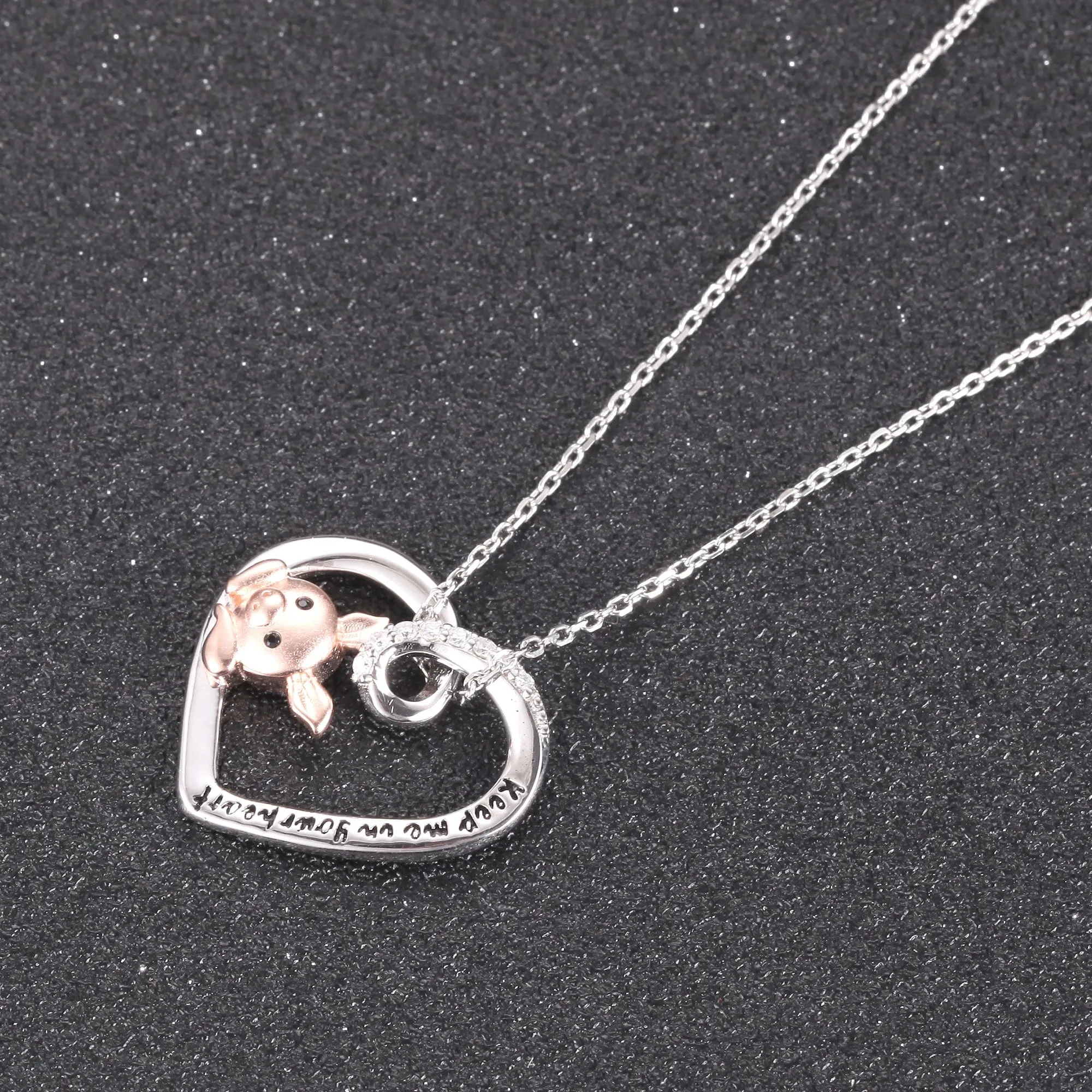 Pink Pig In Heart Necklace-Keep me in your heart Moissanite, Special Plating!