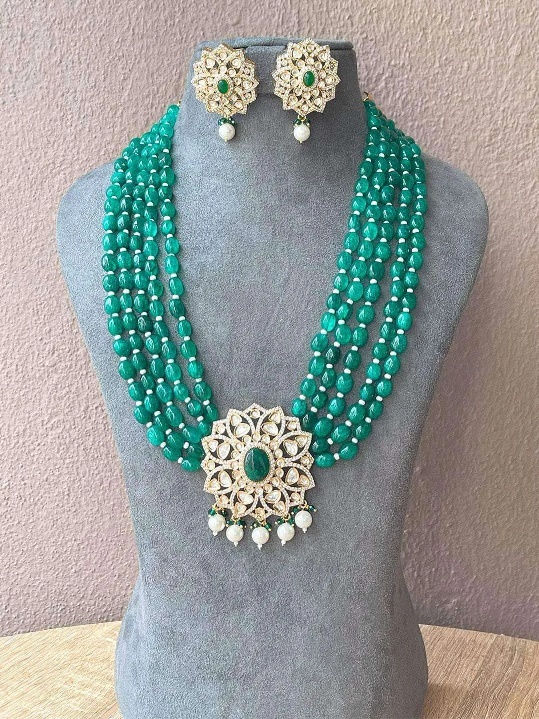 Polki Applique Floral Pendant Green Mala Set