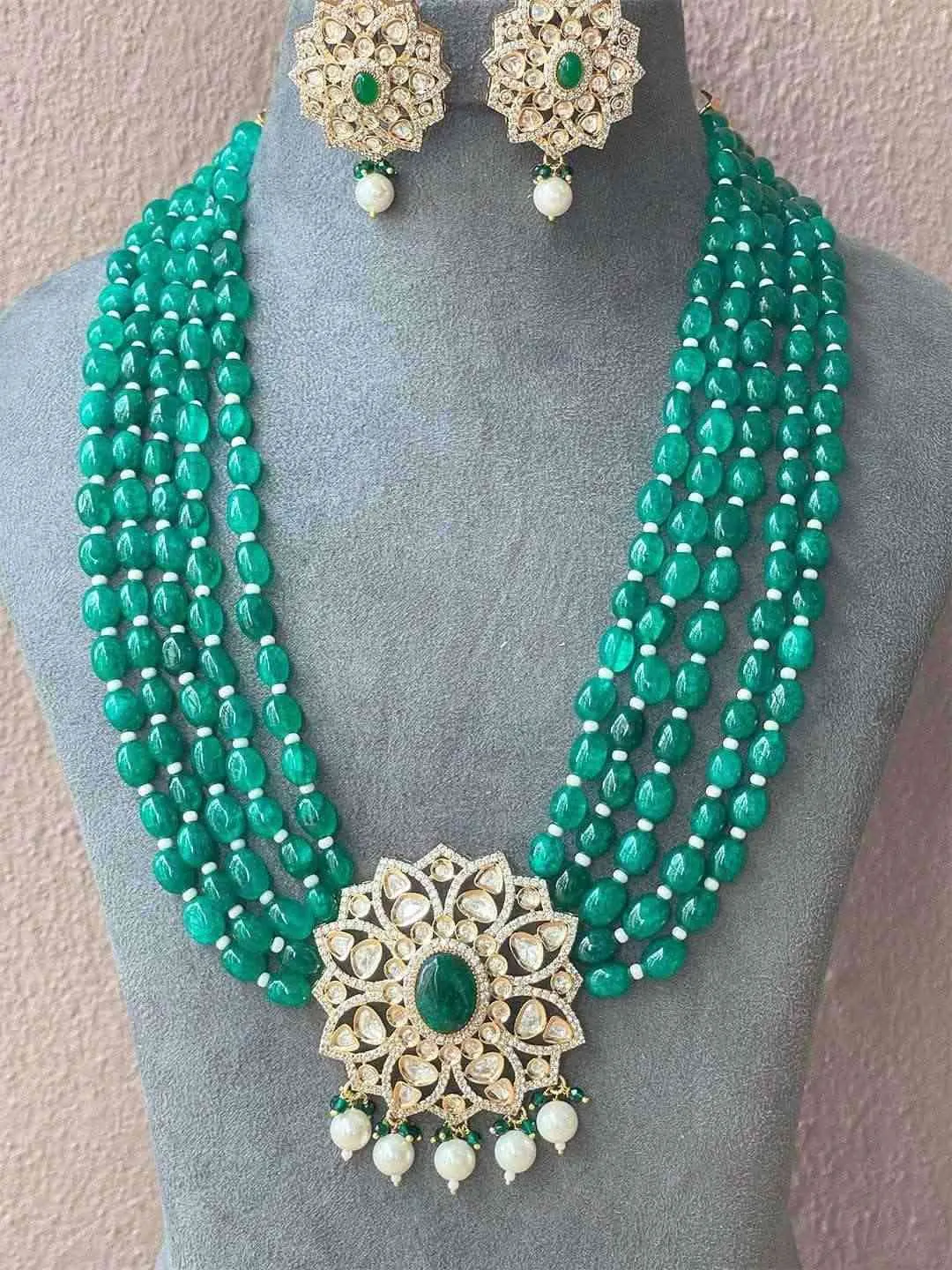 Polki Applique Floral Pendant Green Mala Set