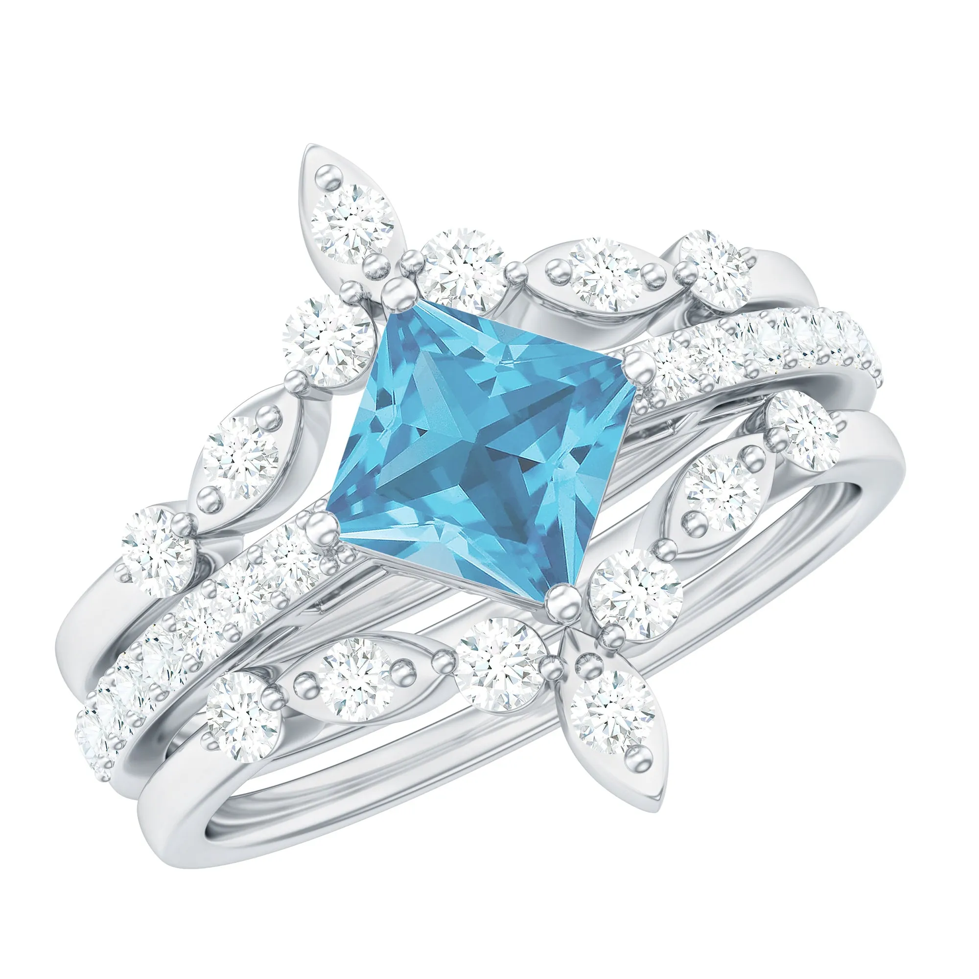 Princess Cut Swiss Blue Topaz and Moissanite Trio Wedding Ring Set