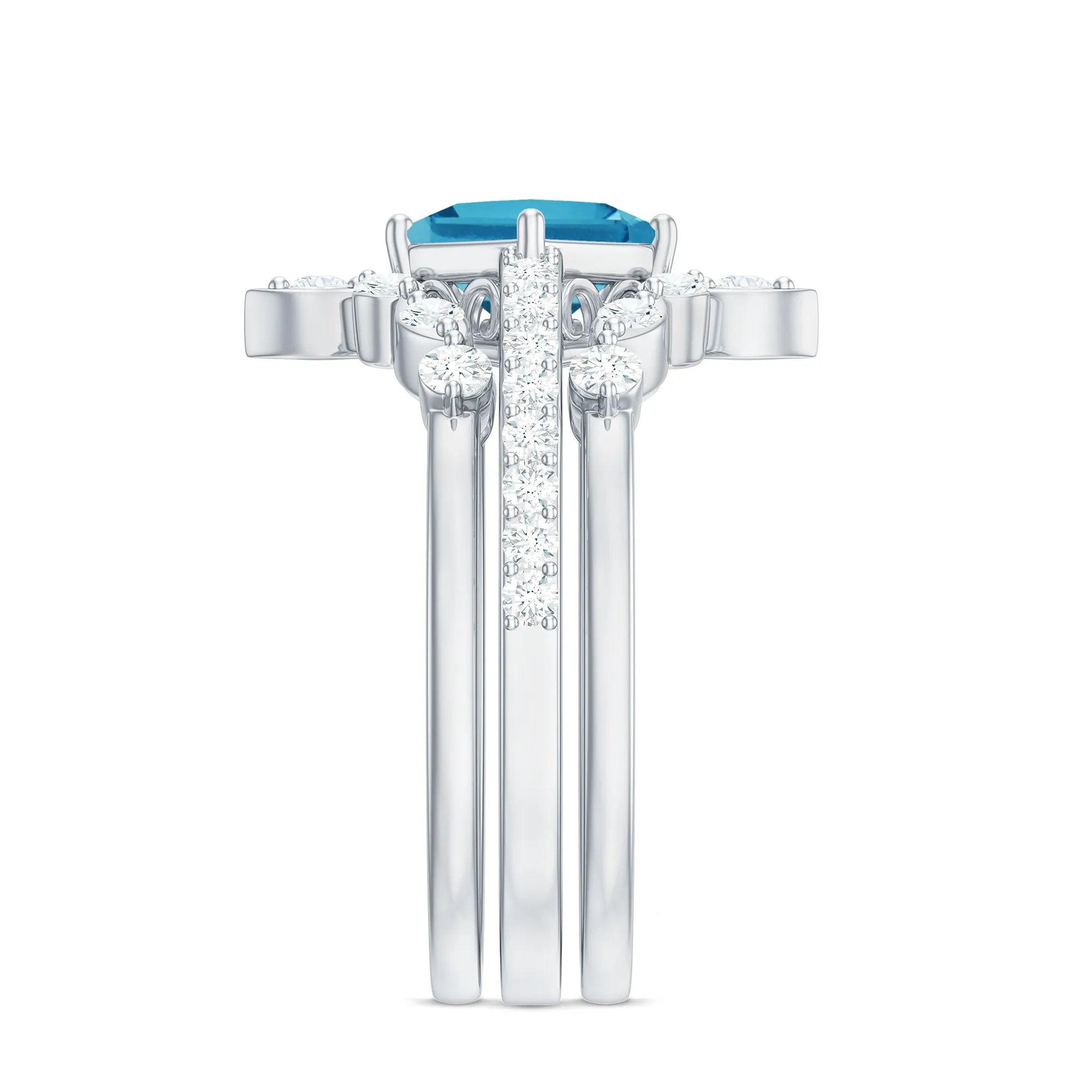 Princess Cut Swiss Blue Topaz and Moissanite Trio Wedding Ring Set