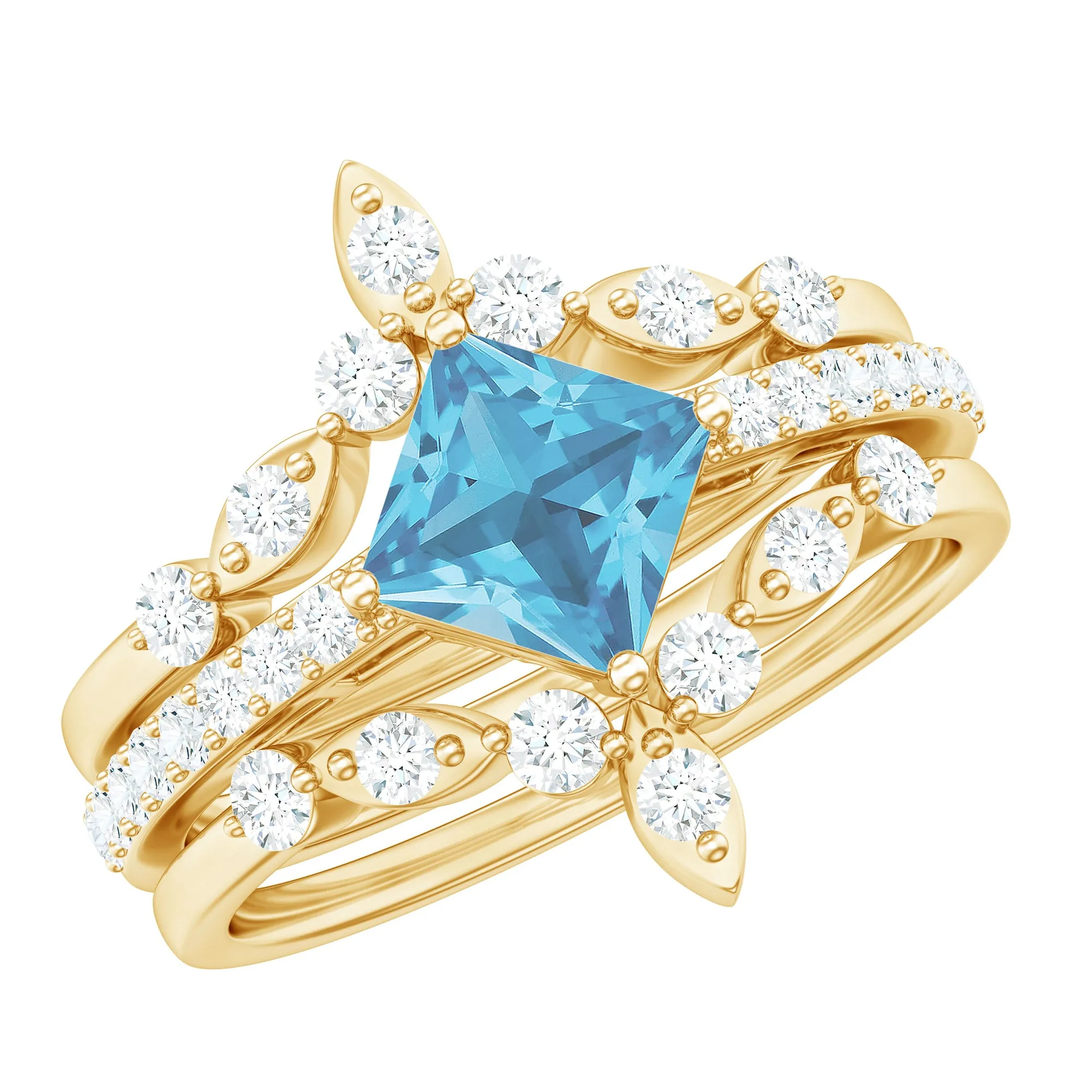 Princess Cut Swiss Blue Topaz and Moissanite Trio Wedding Ring Set