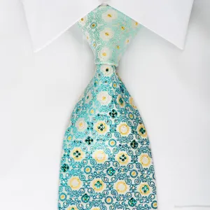 Renoma Rhinestone Silk Necktie Turquoise Gold Cartouche On White With Golden Sparkles