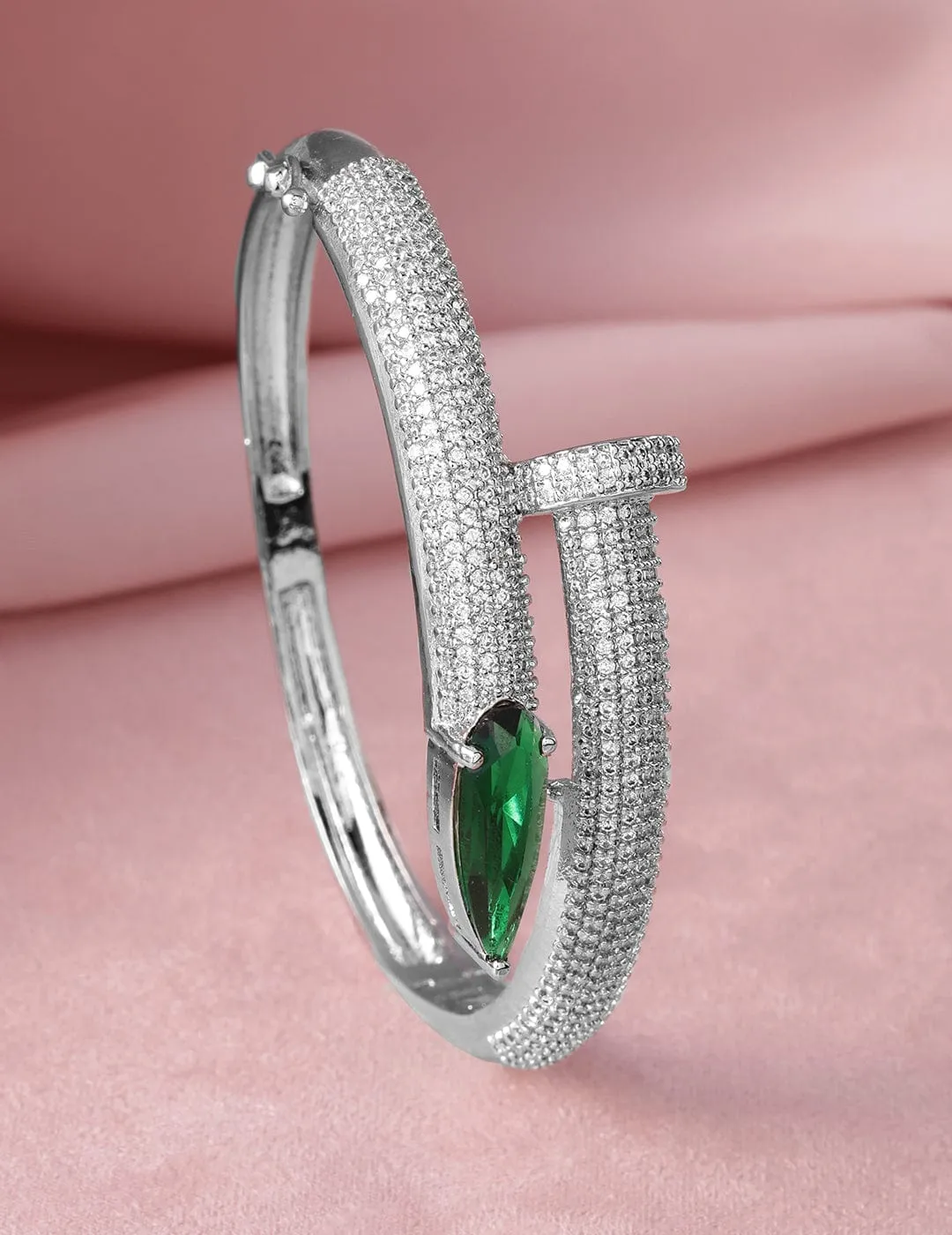 Rhodium-Plated Emerald & Cubic Zirconia Studded Bangle Style Bracelet