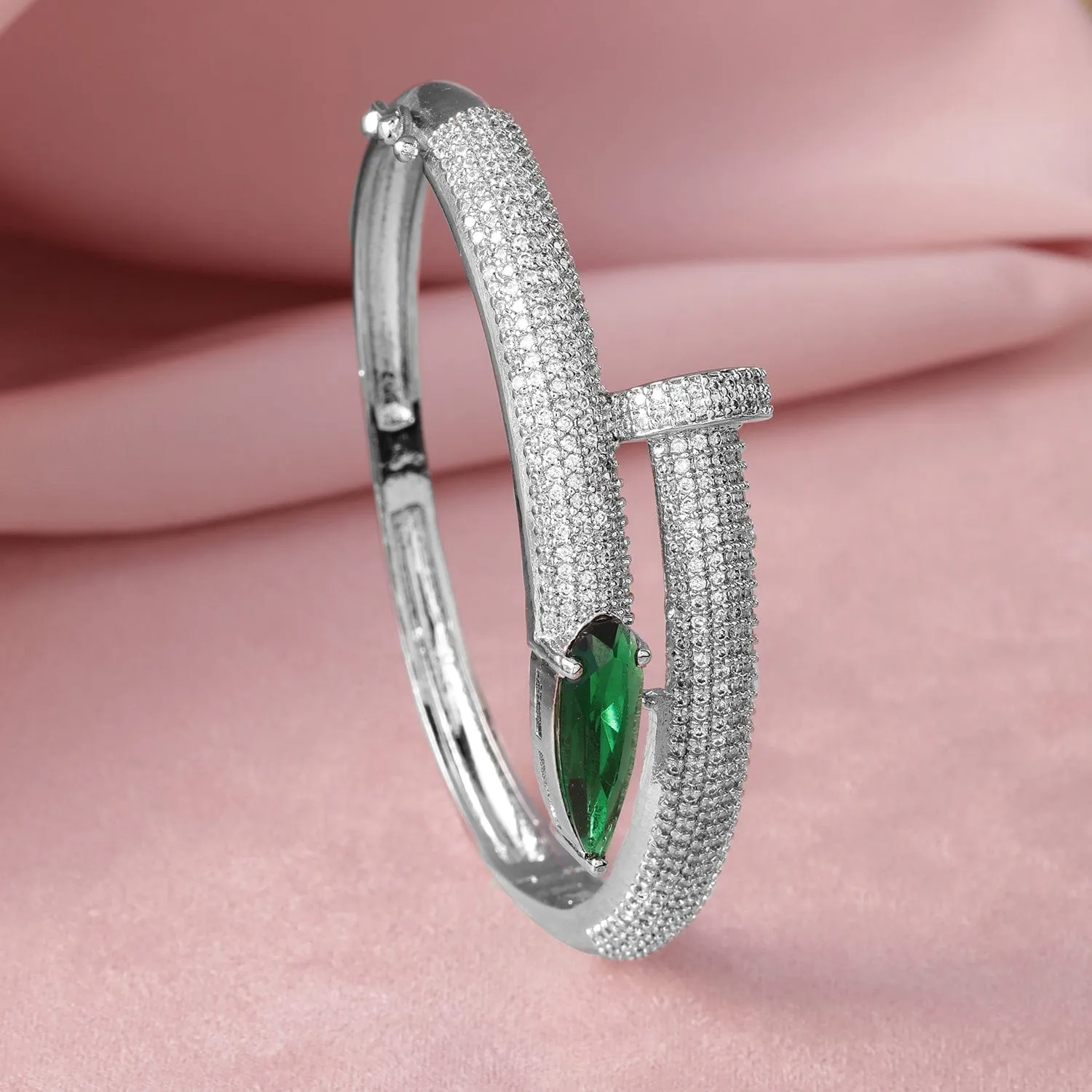 Rhodium-Plated Emerald & Cubic Zirconia Studded Bangle Style Bracelet