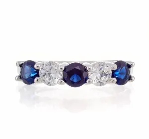 Round and Sapphire Blue Cubic Zirconia 5 Stone Anniversary Band - White Gold Plated Sterling Silver