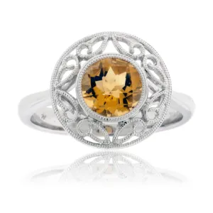 Round Citrine and Filigree Style Circle Ring