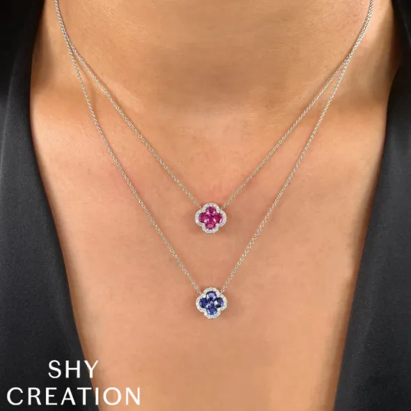 Shy Creation Diamond and Sapphire Clover Necklace