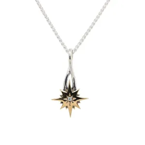 Silver and 10k Gold Compass Star Pendant-White Sapphire