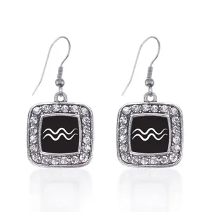 Silver Aquarius Zodiac Square Charm Dangle Earrings