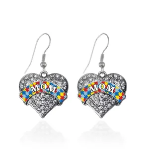 Silver Autism Mom Pave Heart Charm Dangle Earrings