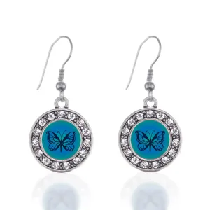 Silver Blue Butterfly Circle Charm Dangle Earrings