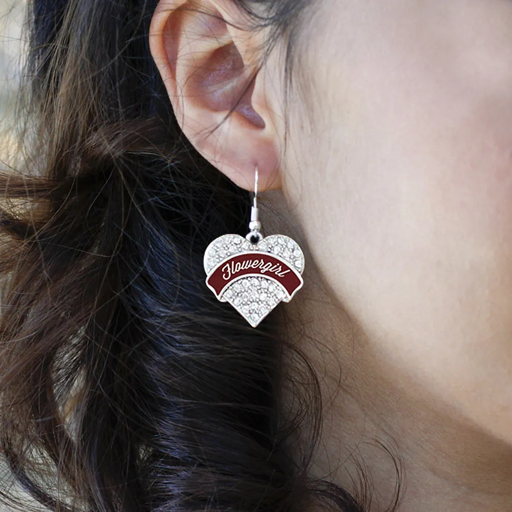 Silver Burgundy Flower Girl Pave Heart Charm Dangle Earrings