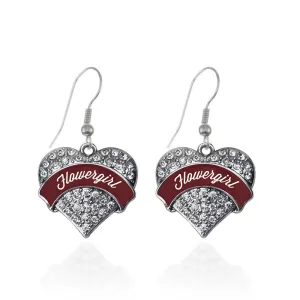 Silver Burgundy Flower Girl Pave Heart Charm Dangle Earrings