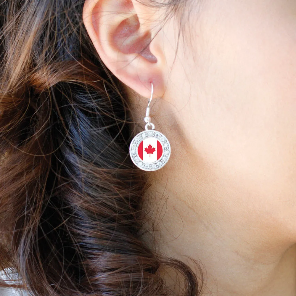 Silver Canadian Flag Circle Charm Dangle Earrings