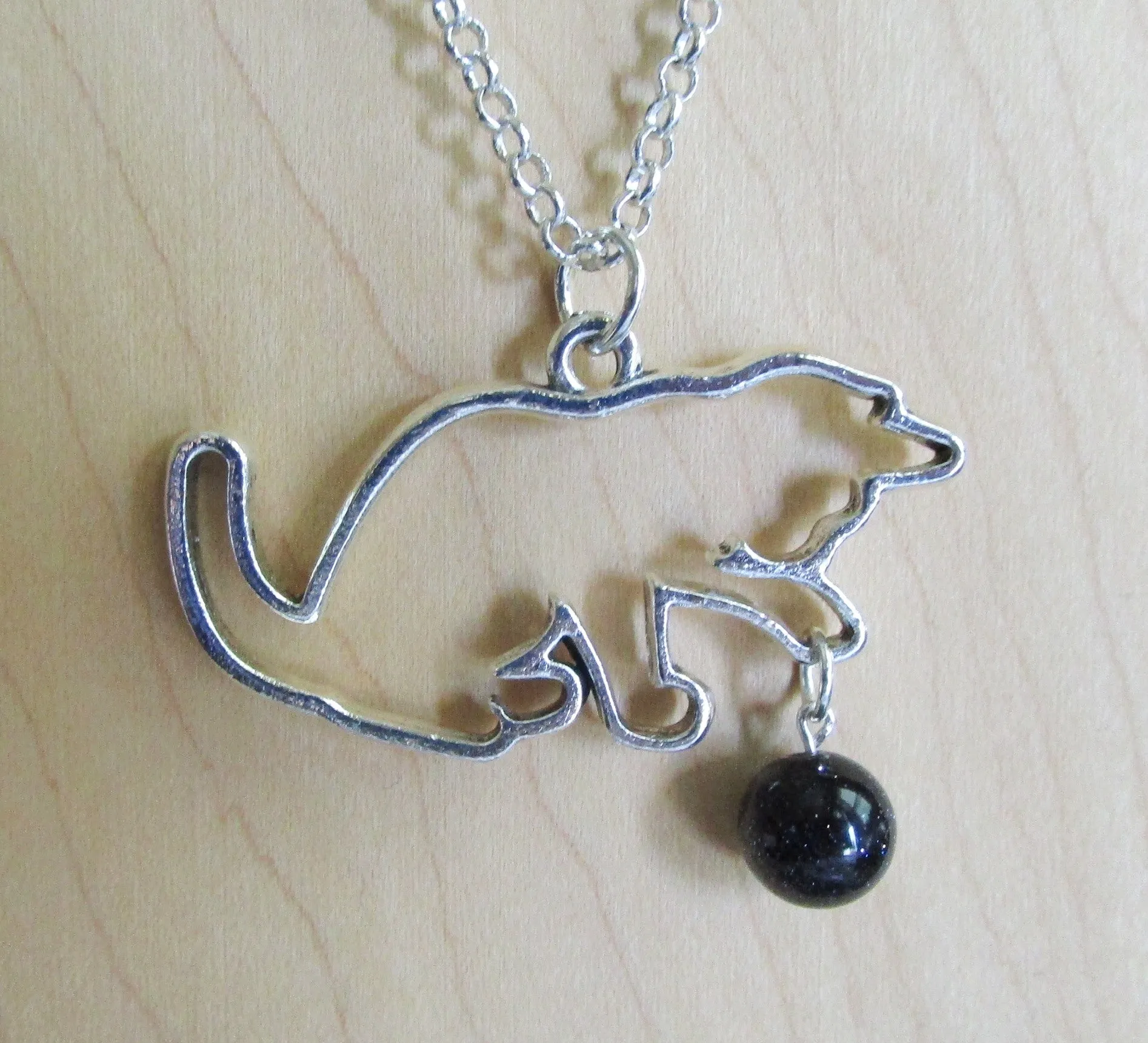 Silver Cat with Blue Night Stars Crystal Ball Pendant Necklace