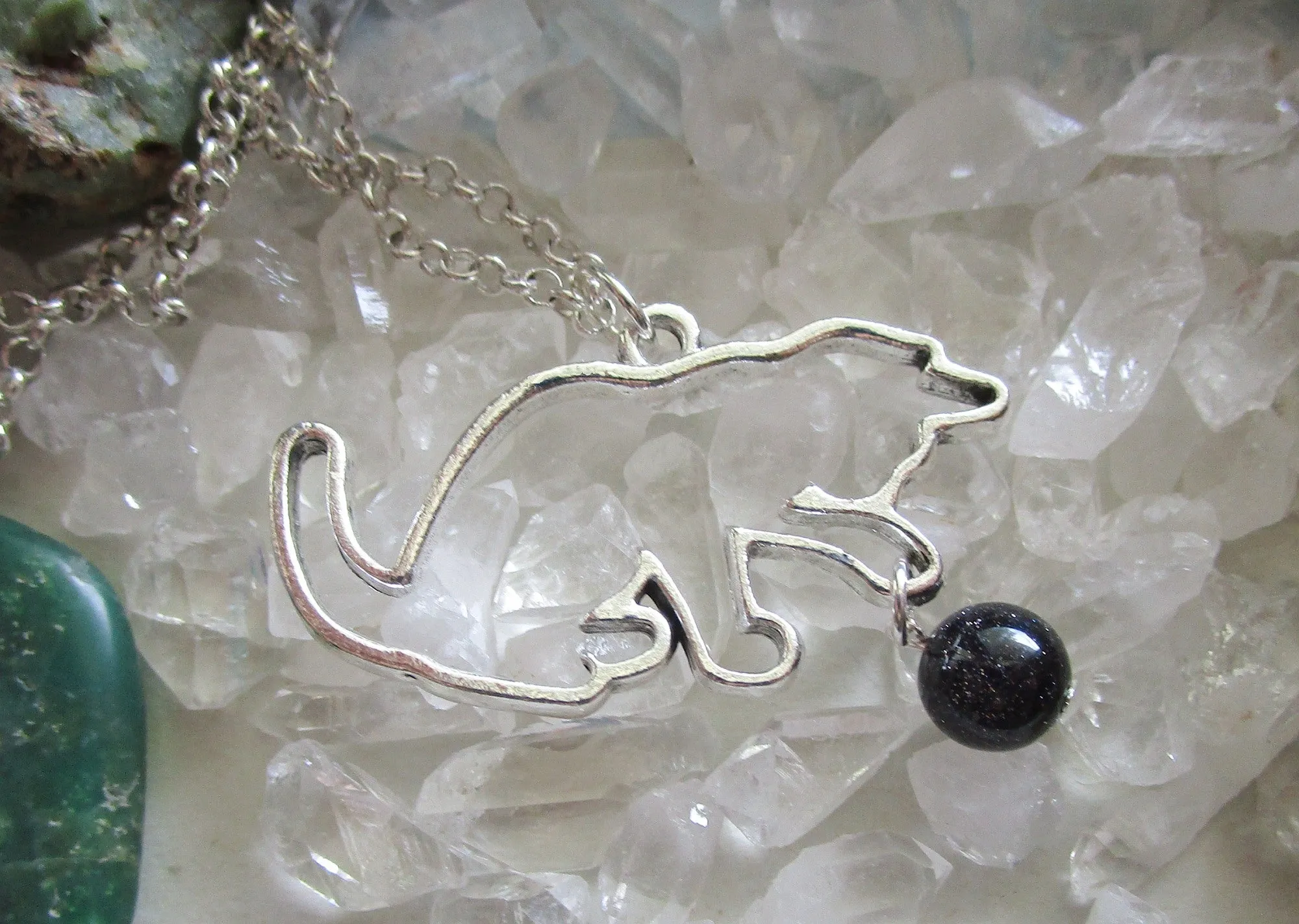 Silver Cat with Blue Night Stars Crystal Ball Pendant Necklace