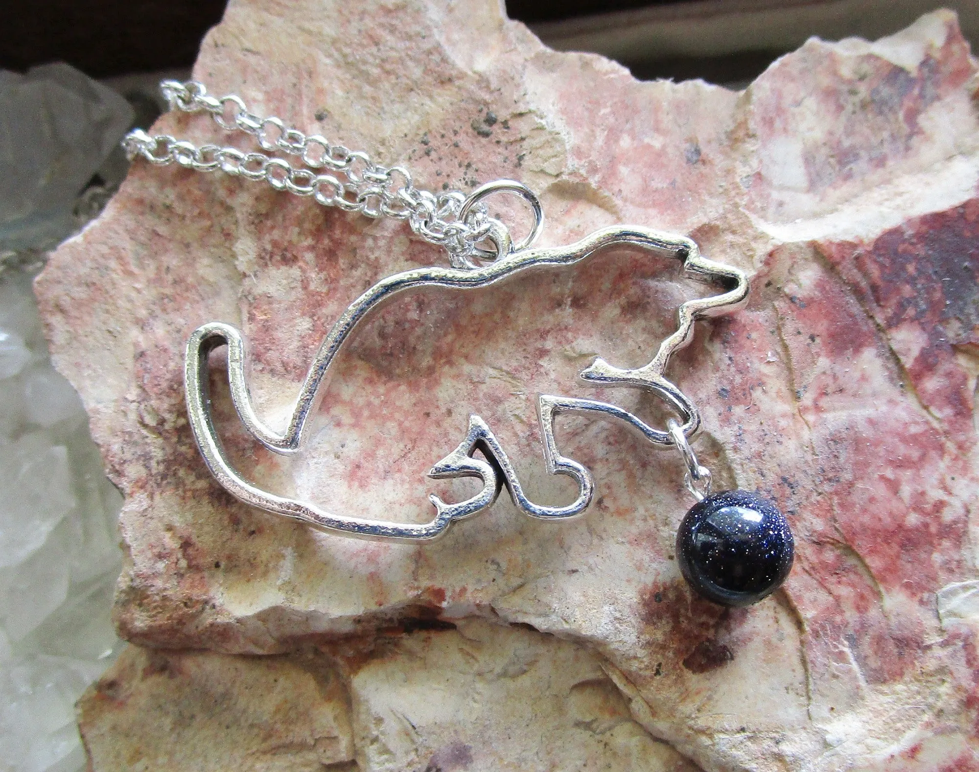 Silver Cat with Blue Night Stars Crystal Ball Pendant Necklace