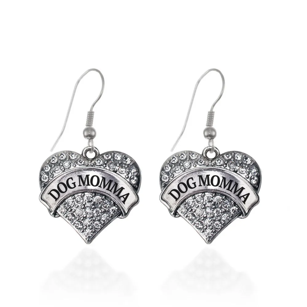 Silver Dog Momma Pave Heart Charm Dangle Earrings