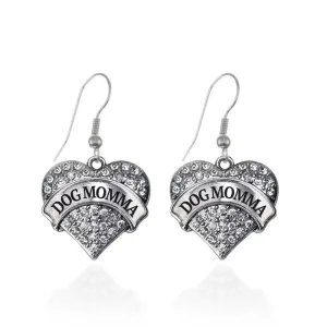 Silver Dog Momma Pave Heart Charm Dangle Earrings