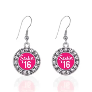 Silver Fuchsia Senior '16 Circle Charm Dangle Earrings