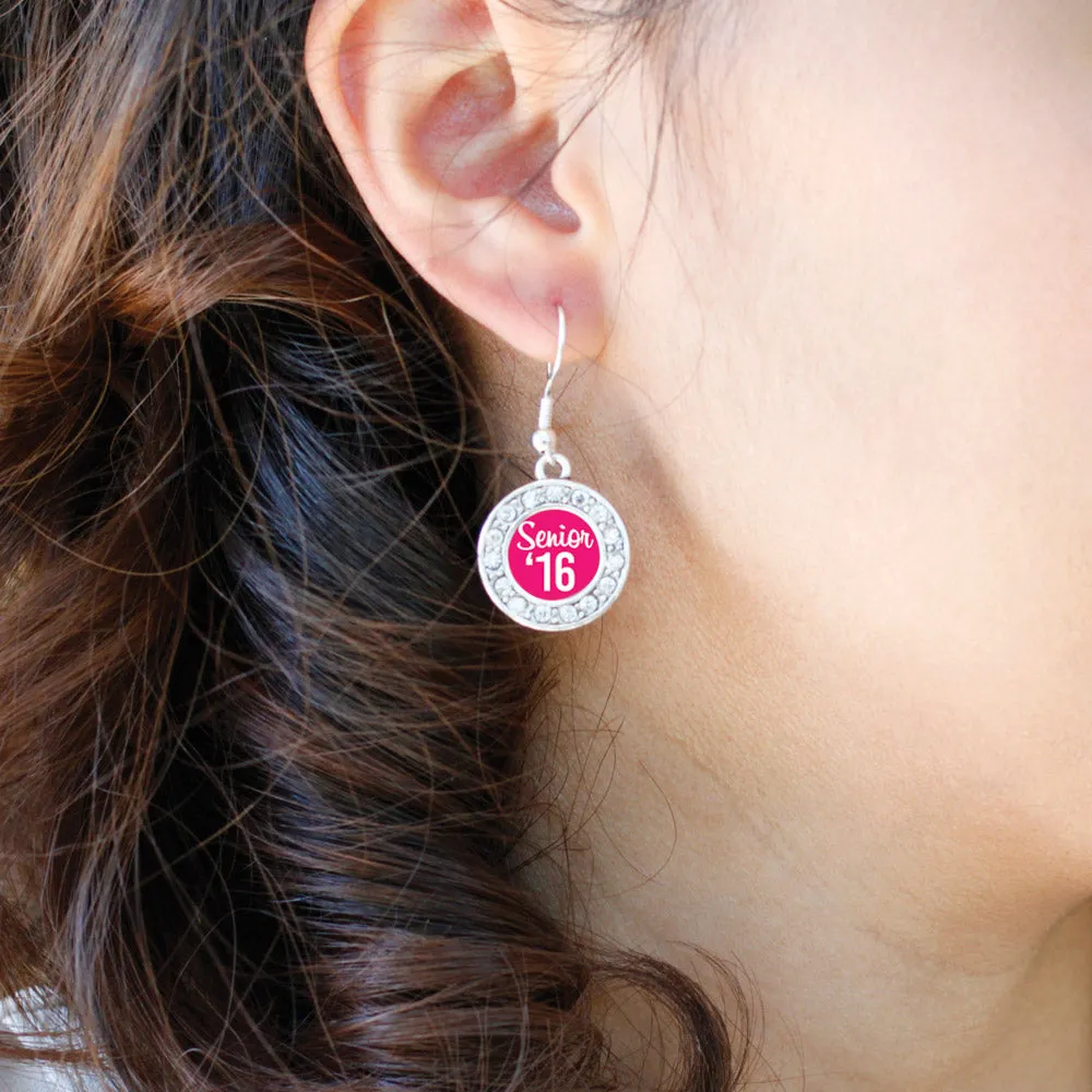 Silver Fuchsia Senior '16 Circle Charm Dangle Earrings