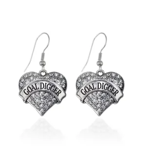 Silver Goal Digger Pave Heart Charm Dangle Earrings